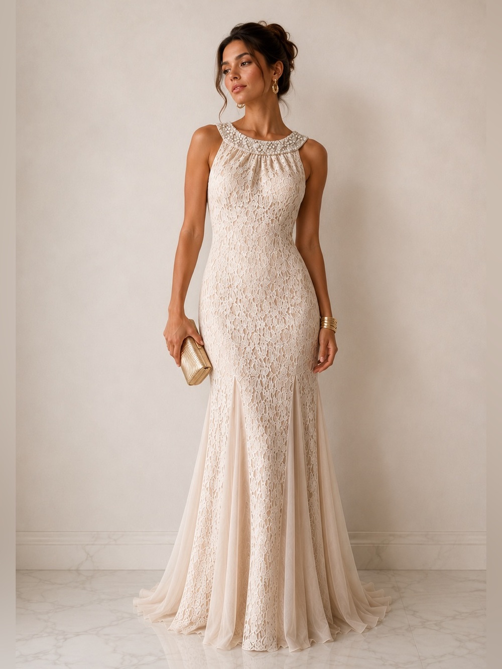 Vintage Pearl Beaded Lace Mermaid Gown Bridal Prom Nude Cream R&M Richards Sz M
